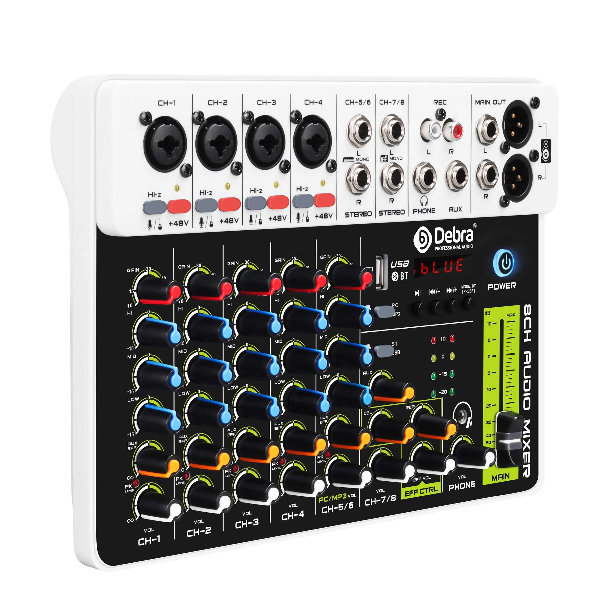 White and black debra 8-channel mixer dj controller with colorful knobs bluetooth phantom power delay repaeat effect