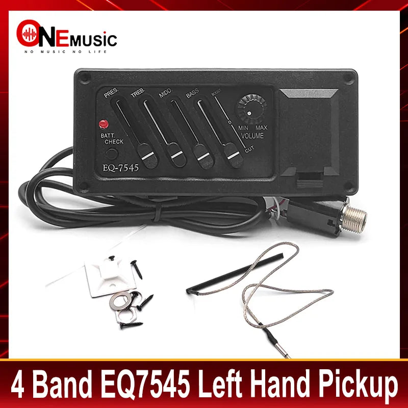 Black 4-band eq7545 left hand acoustic guitar pickup with adjustable bass mid treble and volume sliders for preamp amplifier