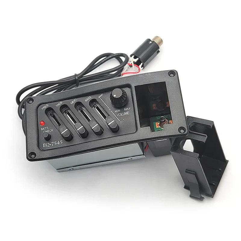 Black eq-7545 4 band acoustic guitar pickup preamp amplifier control panel with five sliders and volume knob