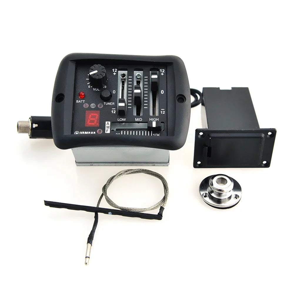 Black yamaha guitar pickup preamp eq equalizer with volume tone and tuner controls for piezo pickup folk guitar