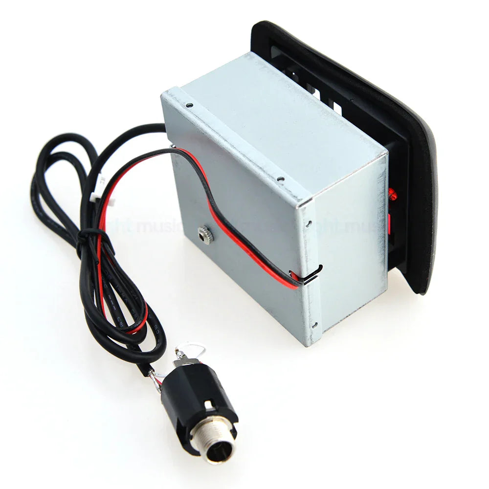 Silver rectangular guitar pickup preamp eq equalizer with black bracket and power cable for piezo pickup use