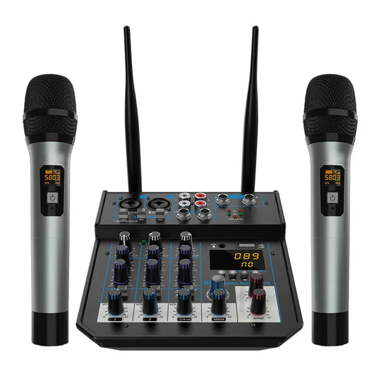 4 channel audio dj mixer console with bluetooth mixer uhf wireless microphone and two silver handheld mics for home karaoke stage