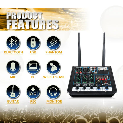 Black compact 4 channel audio dj mixer console with bluetooth mixer uhf and multiple input ports for home karaoke stage use