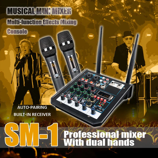 Black sm-1 professional 4 channel audio bluetooth mixer uhf with built-in receiver for home karaoke stage use