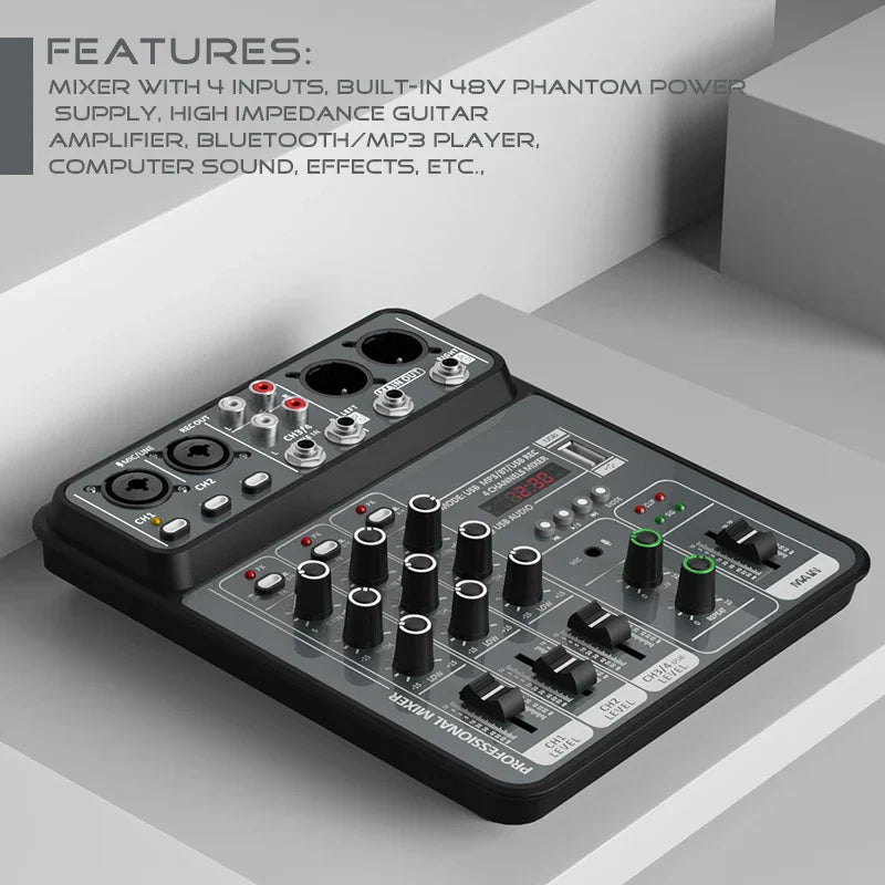 Black professional 4 channel audio mixer 48v with multiple knobs usb bluetooth dj console studio sound mixers