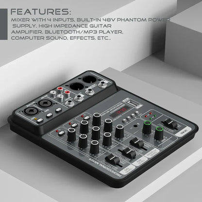 Black professional 4 channel audio mixer 48v with multiple knobs usb bluetooth dj console studio sound mixers