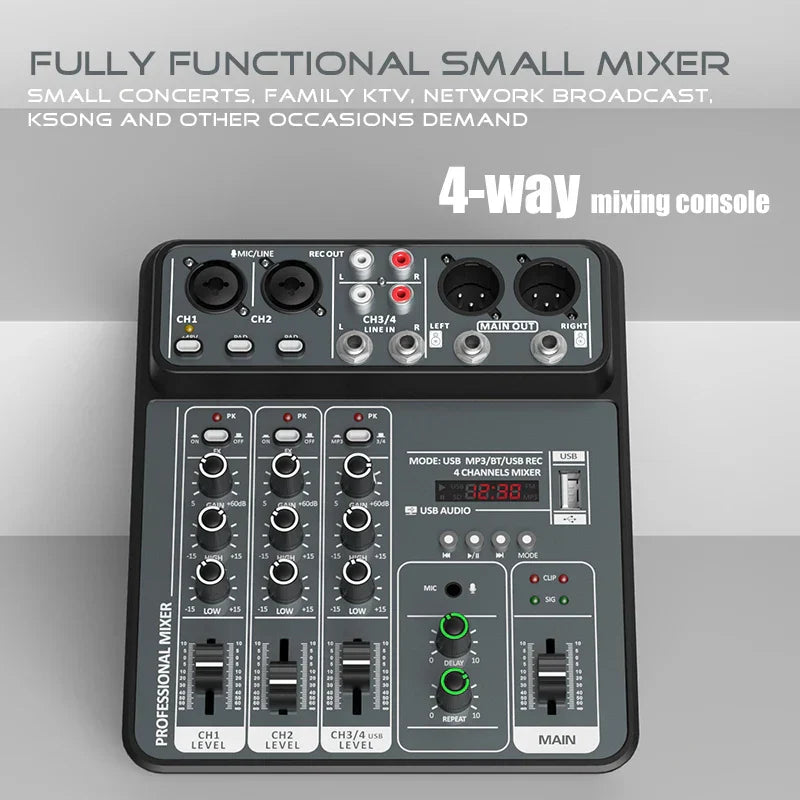 Black 4 channel usb audio mixer 48v with green-lit knobs and labeled input output ports for bluetooth dj console use
