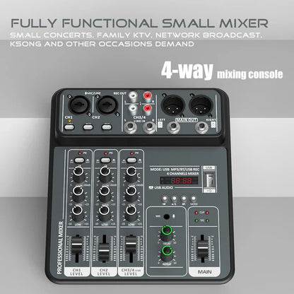 Black 4 channel usb audio mixer 48v with green-lit knobs and labeled input output ports for bluetooth dj console use