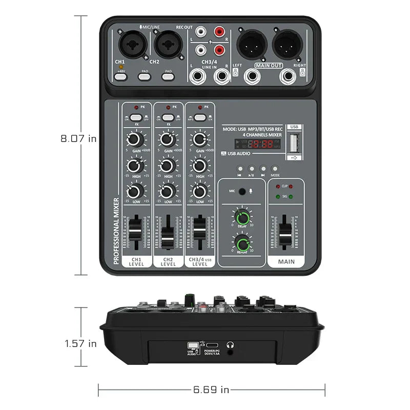 Black 4 channel audio mixer with gray panel green knobs usb ports featuring audio mixer 48v and bluetooth dj console functions