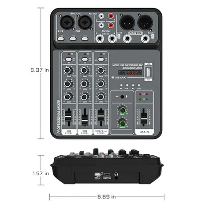 Black 4 channel audio mixer with gray panel green knobs usb ports featuring audio mixer 48v and bluetooth dj console functions