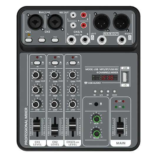 Gray 4 channel audio mixer 48v with black knobs and digital display in usb mode for studio sound mixers and bluetooth dj console
