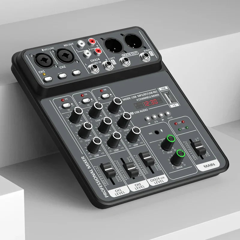 Black 4 channel usb audio mixer with silver and green accents featuring audio mixer 48v phantom power bluetooth dj console