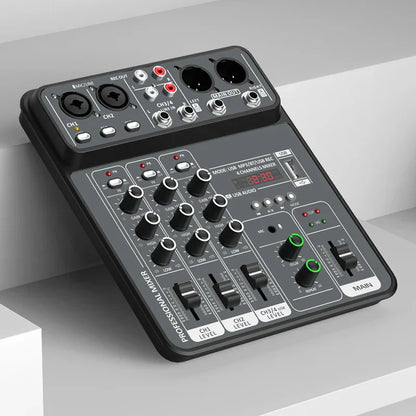 Black 4 channel usb audio mixer with silver and green accents featuring audio mixer 48v phantom power bluetooth dj console