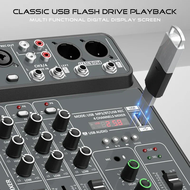 Black 4 channel audio mixer 48v with digital display and multiple ports sound mixers bluetooth dj console for karaoke