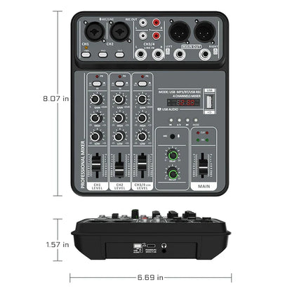 Black 4 channel usb studio sound audio mixer 48v with gray panel and green gain and delay knobs for bluetooth dj console use
