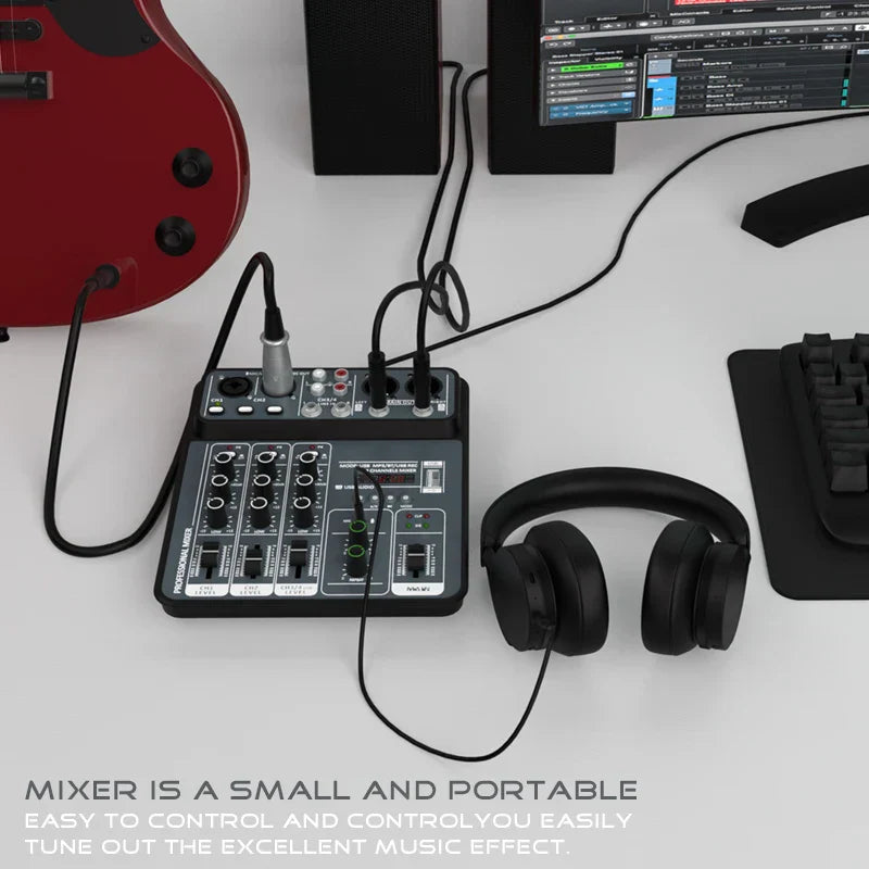 Black compact 4 channel audio mixer 48v with multiple input jacks and bluetooth dj console for portable use