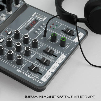 Black and green 4 channel audio mixer 48v with multiple knobs sliders usb studio sound and bluetooth dj console features