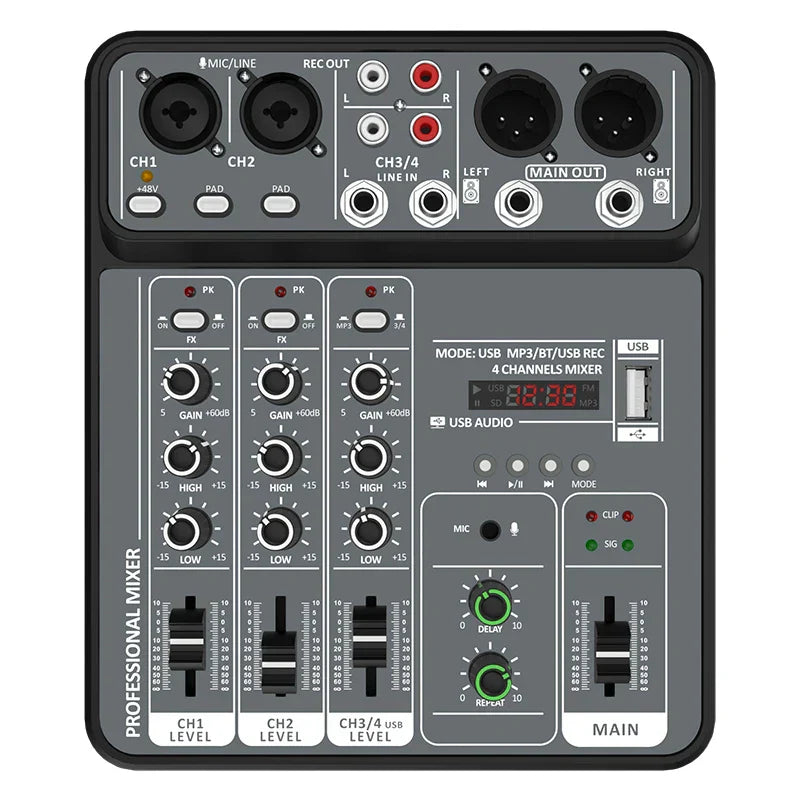 Gray 4 channel audio mixer 48v with black knobs and digital usb display for bluetooth dj console and sound mixers bluetooth