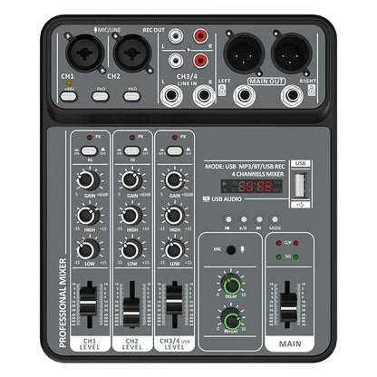 Gray 4 channel usb studio sound audio mixer 48v phantom power with black knobs bluetooth dj console display usb mode