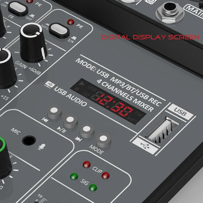 Gray digital display on 4 channel audio mixer 48v phantom power usb studio sound mixers bluetooth dj console