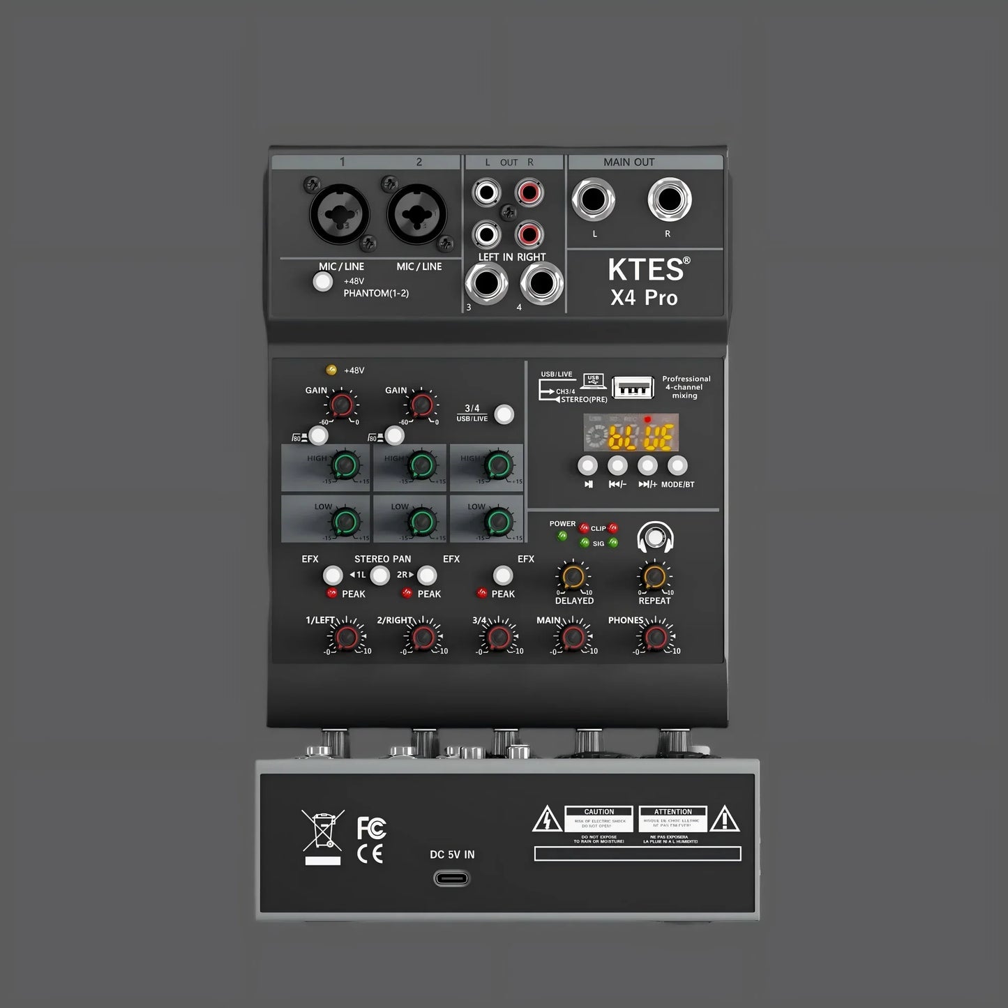 Black ktes x4 pro 4-channel audio mixer with silver knobs usb audio interface for live streaming podcast recording home studio