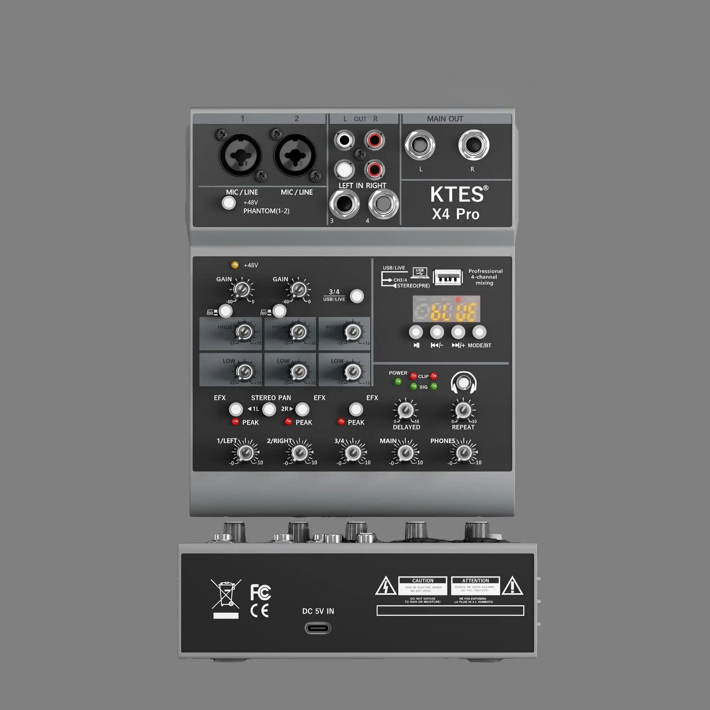 Gray ktes x4 pro 4-channel audio mixer with usb audio interface bluetooth for live streaming podcast recording home studio