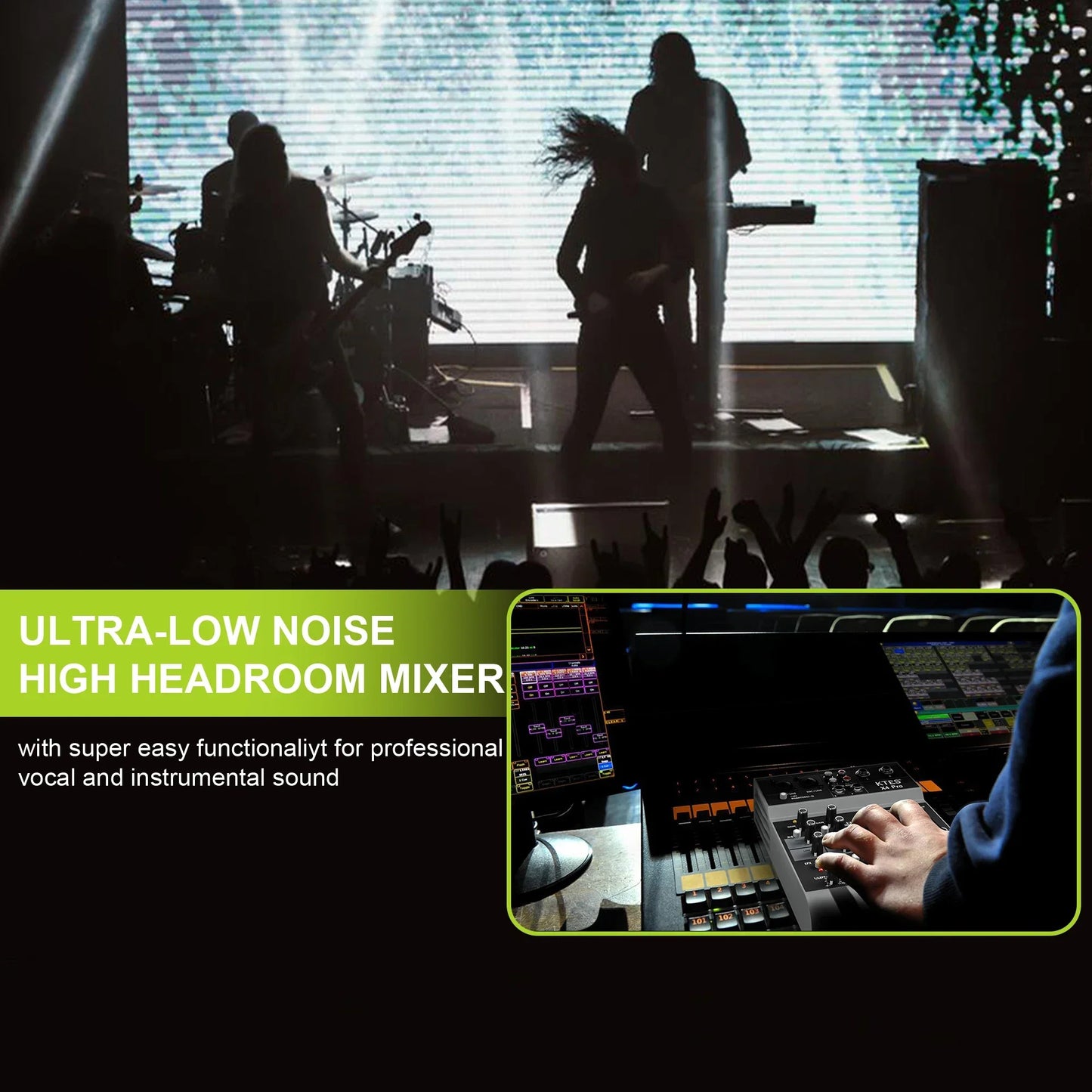 Black 4-channel audio mixer usb audio interface with illuminated faders for live streaming podcast recording home studio