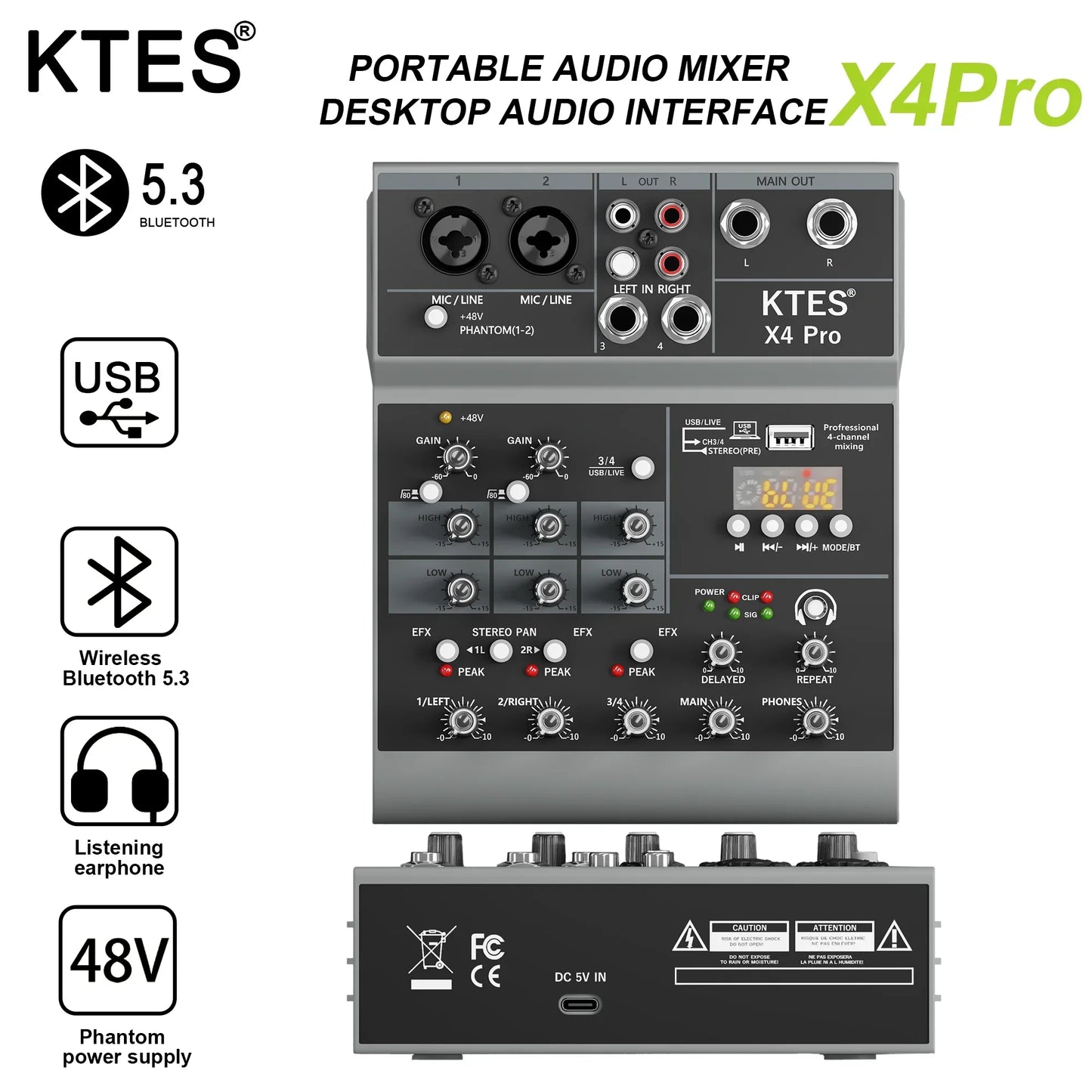 Gray ktes x4 pro 4-channel portable audio mixer with silver knobs usb audio interface bluetooth 5.3 for recording home studio