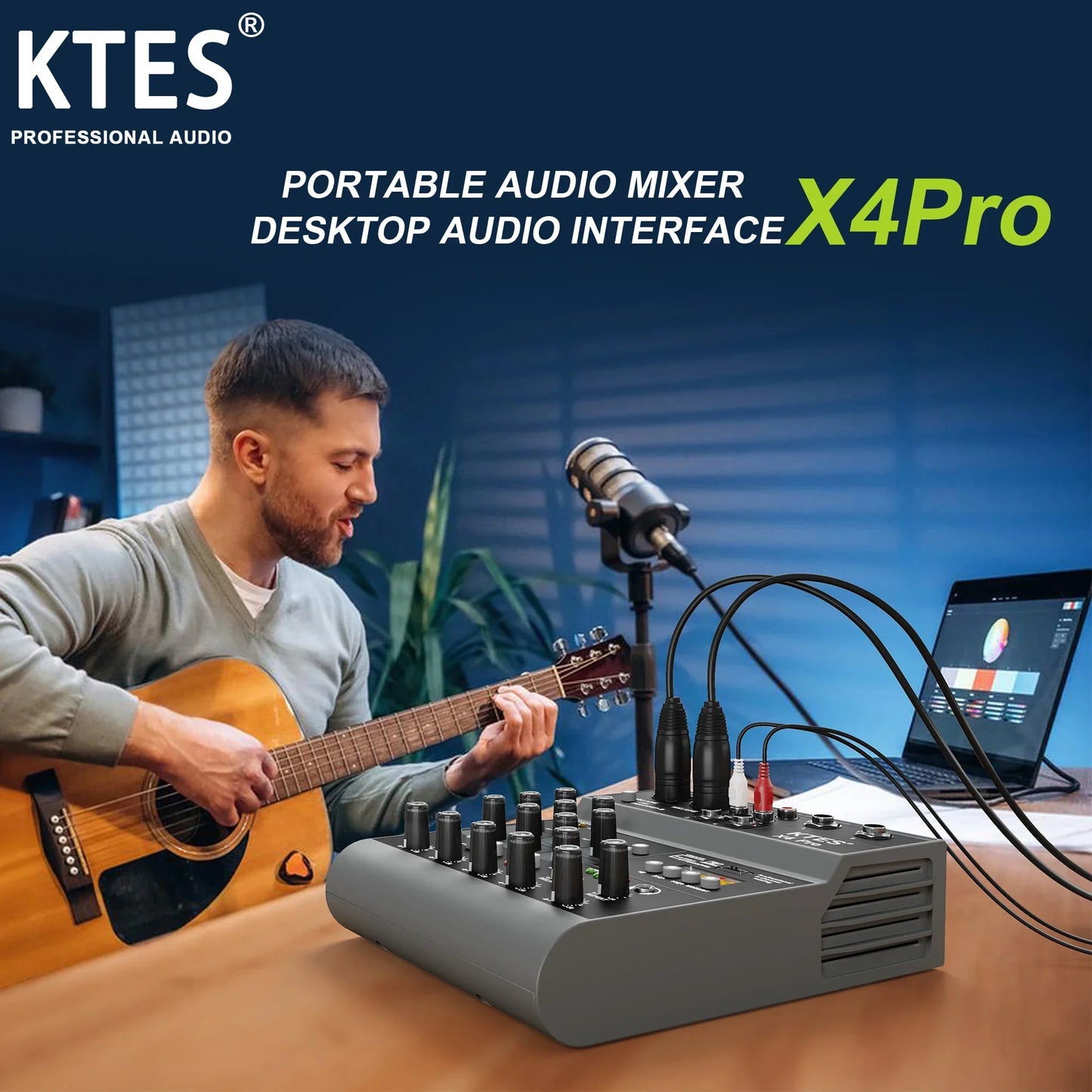 Gray ktes x4pro 4-channel audio mixer with black knobs usb audio interface for live streaming podcast and recording home studio