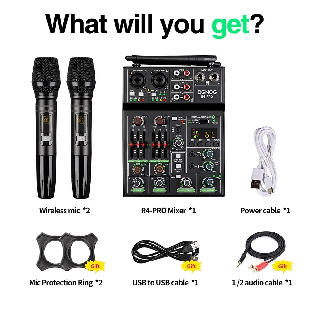 Black wireless microphone usb with textured grips and digital displays for party karaoke machine console dj mixing