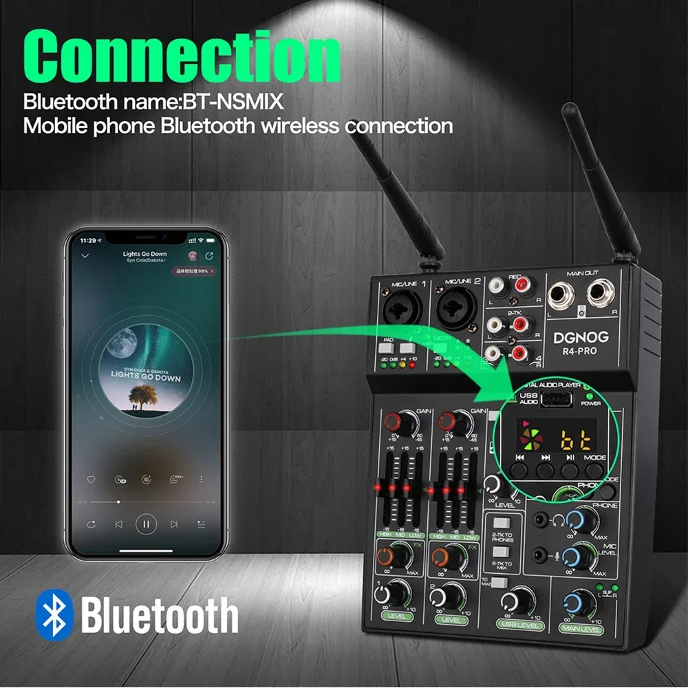 Black dgn og r4-pro 4 channel audio mixer with wireless microphone usb for party karaoke machine and console dj mixing