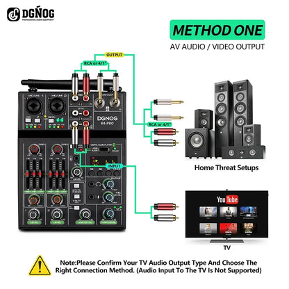Black dgnog r4-pro 4 channel audio mixer with wireless microphone usb and red silver rca jacks for party karaoke machine console dj mixing