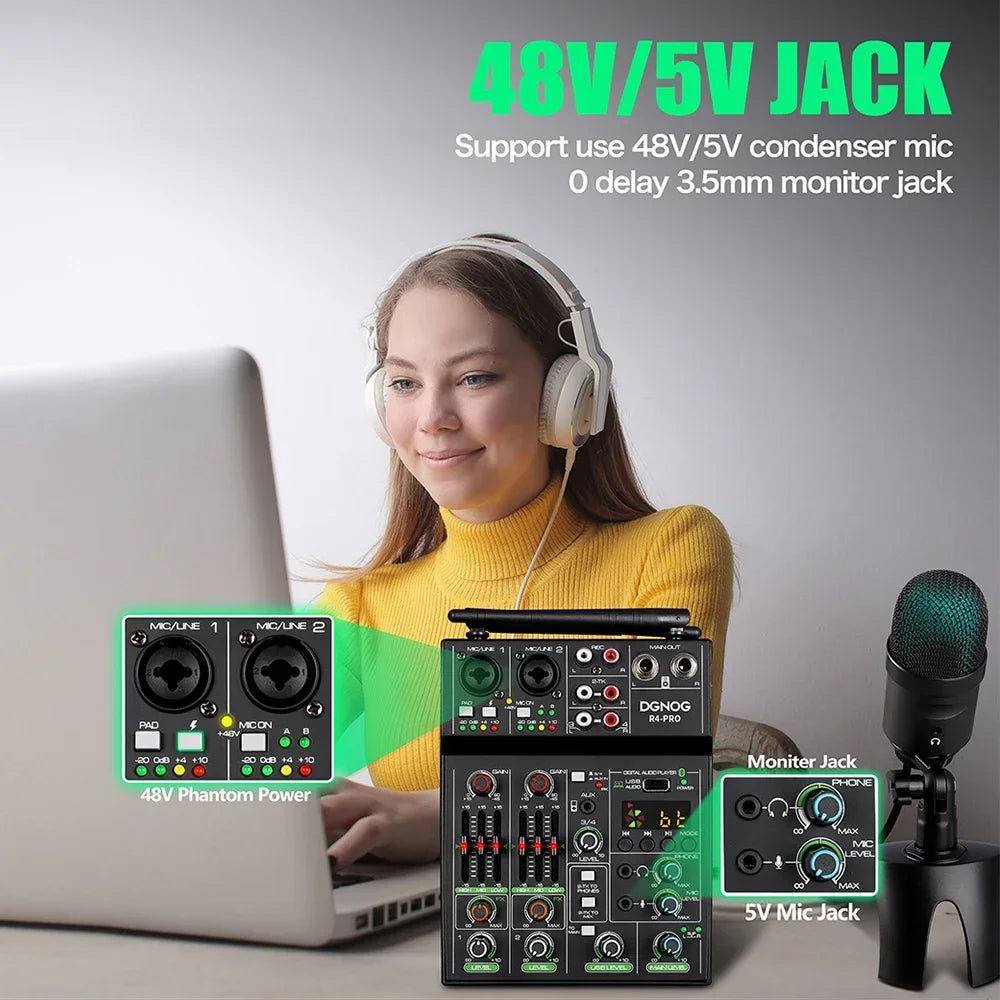Black and green dgnog r4-pro 4 channel audio mixer with wireless microphone usb for console dj mixing and party karaoke machine