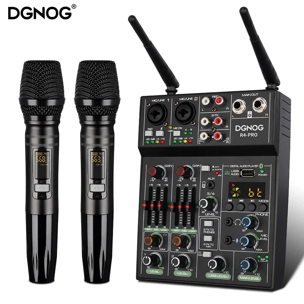 Black 4 channel audio mixer with wireless microphone usb and digital display for party karaoke machine and console dj mixing