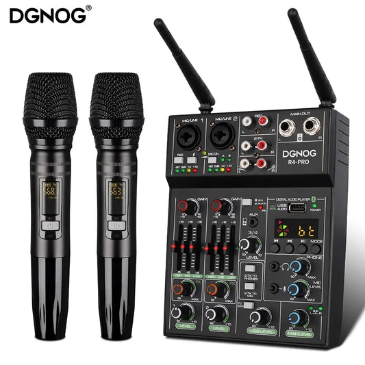 Black 4 channel audio mixer with wireless microphone usb and digital display for party karaoke machine and console dj mixing