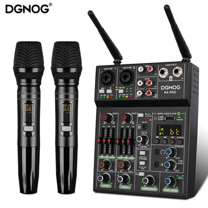 Black 4 channel audio mixer with wireless microphone usb and digital display for console dj mixing and party karaoke machine use
