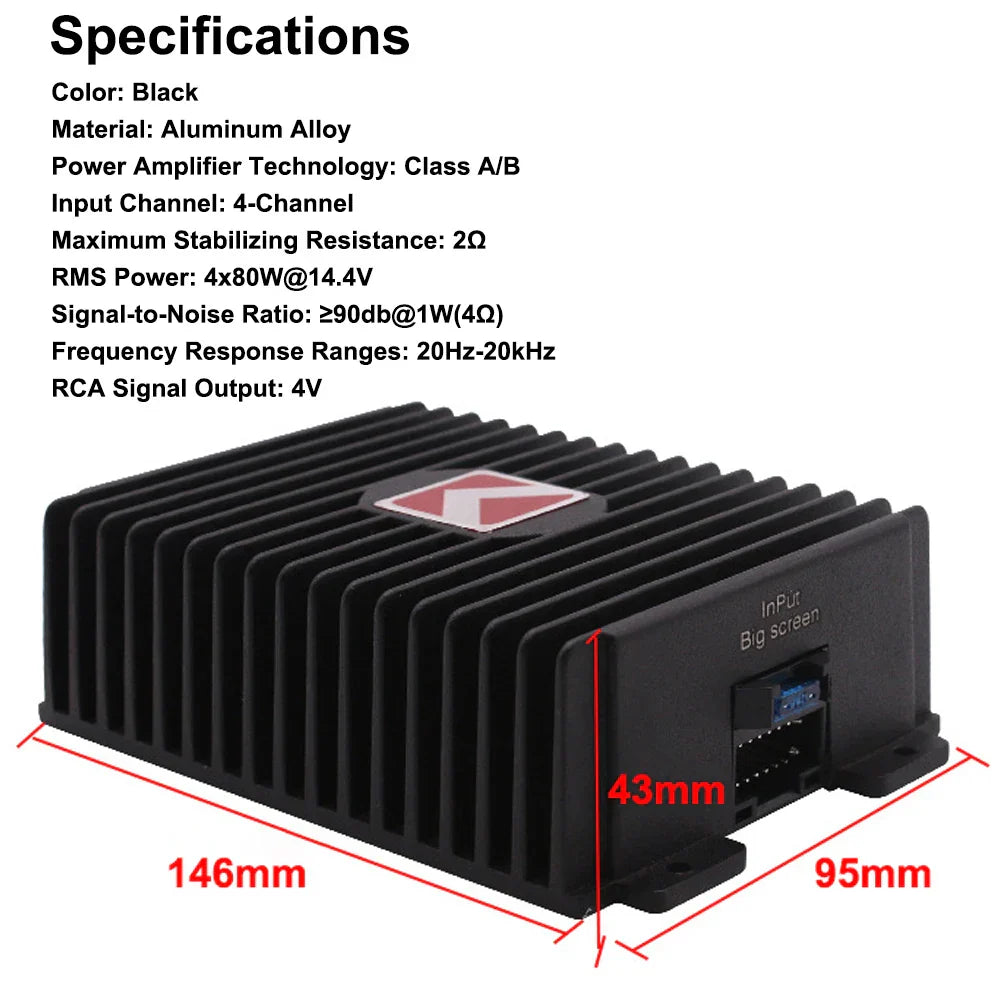Black aluminum alloy 4-channel car amplifier with red logo 80wx4 audio modification power amplifier digital use for android car player