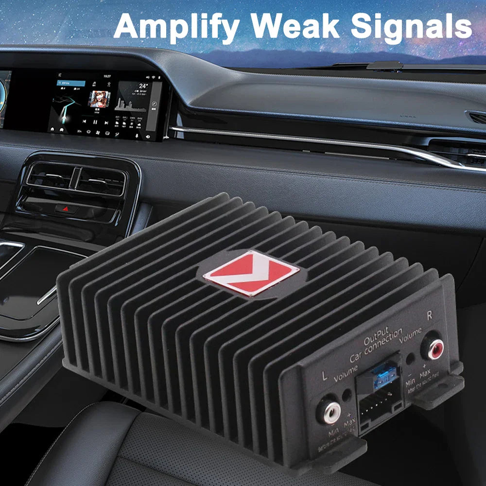 Black rectangular 4-channel car amplifier with red and white logo 80wx4 audio modification power amplifier digital sound processor