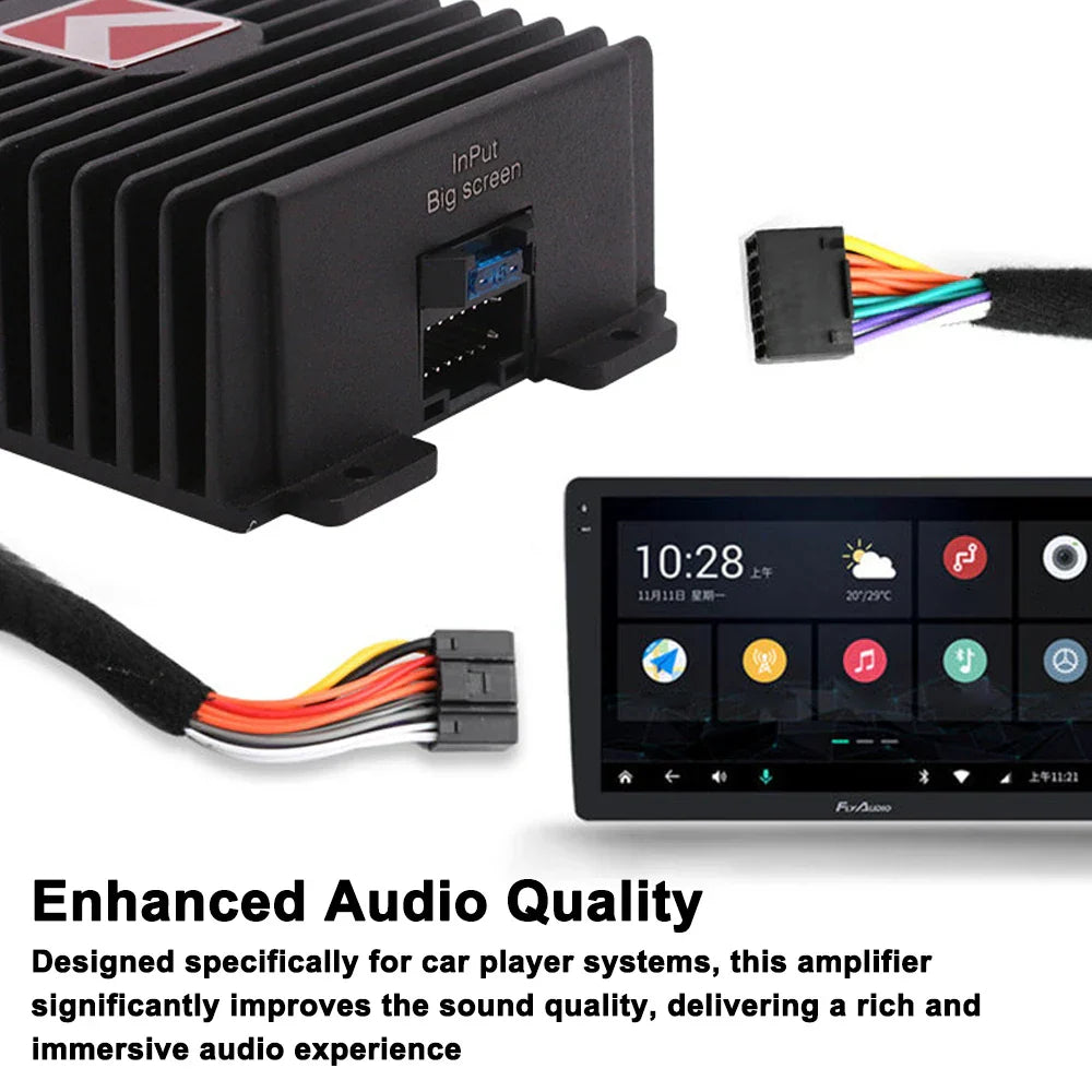 Black rectangular 4-channel car amplifier with heat sinks and digital display for 80wx4 audio modification power amplifier digital use