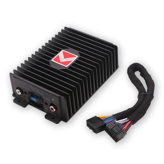 Black v-shaped 4-channel car amplifier with ribbed heat sink and multi-colored wiring for 80wx4 audio modification power amplifier digital use