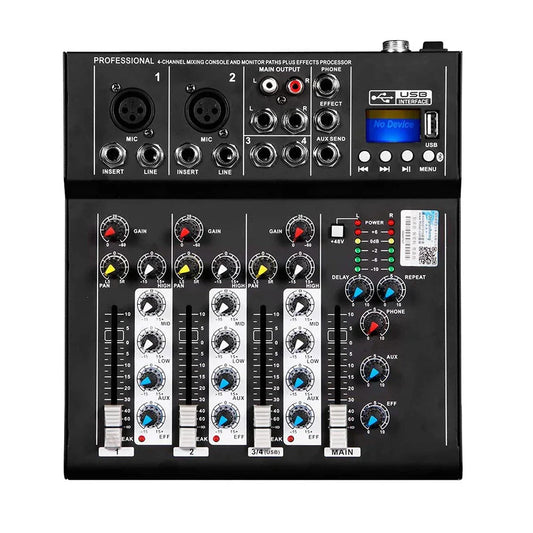 Black depusheng f4 audio 4 channel mixer with white knobs sliders usb interface and recording 48v controller for bluetooth use