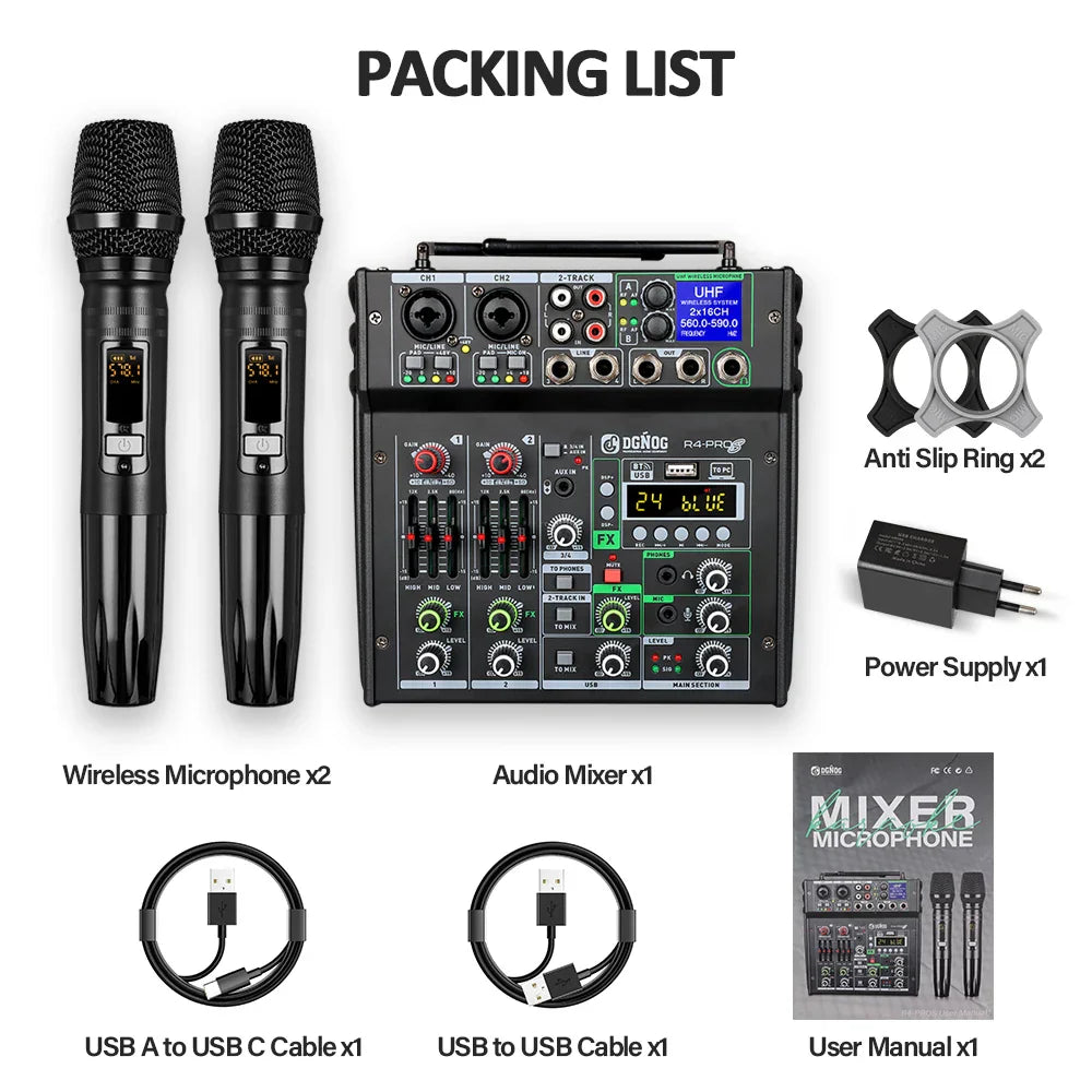 Black dual uhf wireless microphones with digital displays and textured grips for studio recording dgnog bluetooth dj mixer