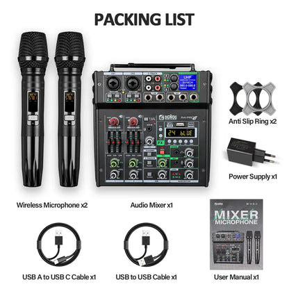 Black dual uhf wireless microphones with digital displays and textured grips for karaoke audio mixer and bluetooth dj mixer