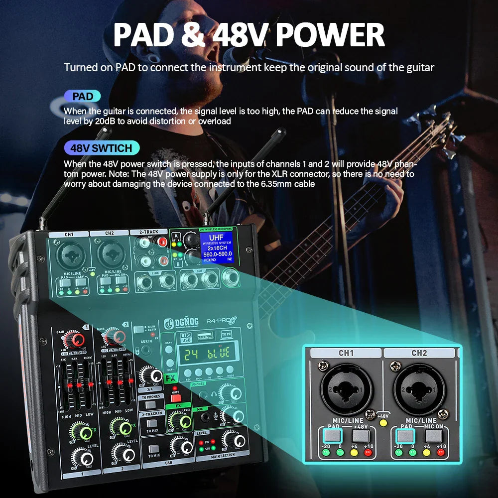 Black DGnOG r4-Pro 2-channel karaoke audio mixer with dual UHF wireless, Bluetooth DJ mixer, and illuminated XLR inputs