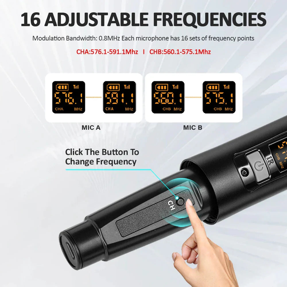 Black dual uhf wireless microphone with digital frequency display and adjustable channel buttons for studio recording dgnog