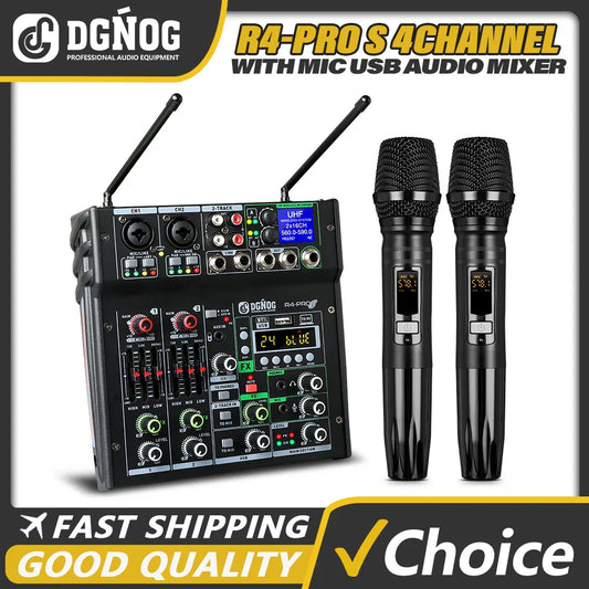 Black dgnog r4-pro 4 channel karaoke audio mixer with dual uhf wireless microphones and bluetooth dj mixer for parties