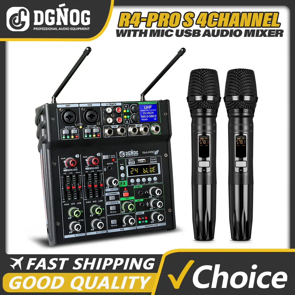 Black dgnog r4-pro 4-channel karaoke audio mixer with dual uhf wireless microphones and bluetooth dj mixer for studio recording