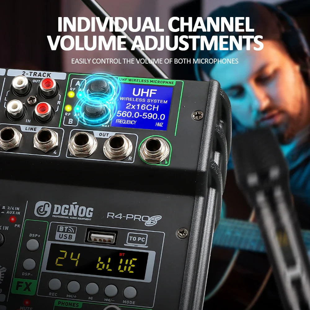 Black dgnog r4-pros 4 channel karaoke audio mixer with dual uhf wireless and bluetooth dj mixer for party and studio use