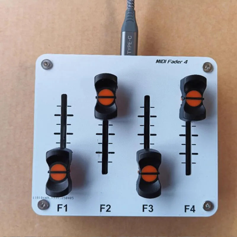 White 4-channel midi push rod with four black 42mm fader custom sliders and orange indicators for music host software control