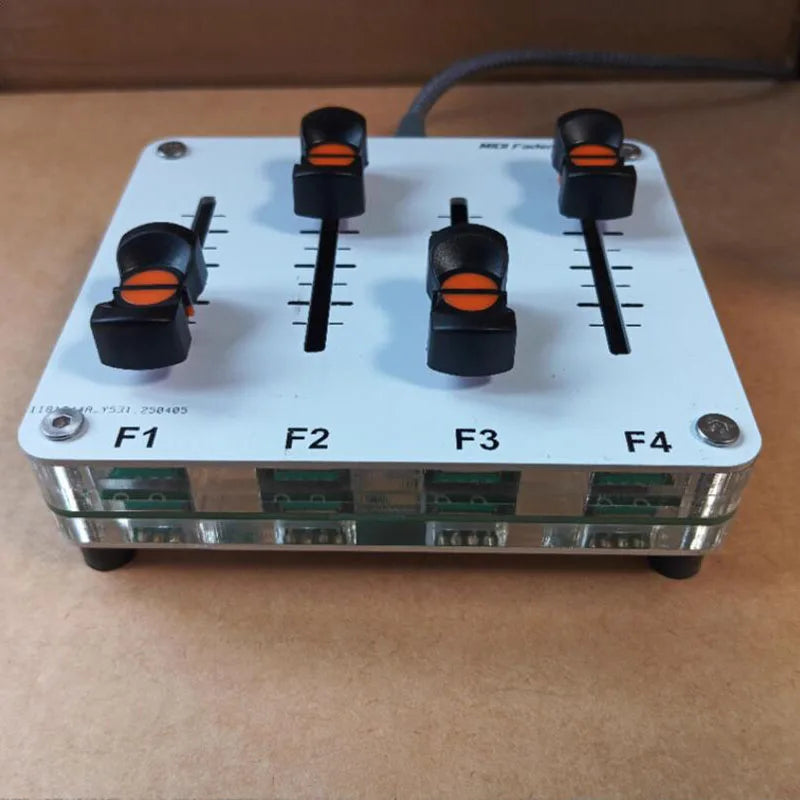 White rectangular 4-channel midi push rod audio mixer with 42mm fader custom knobs on transparent base interface music host